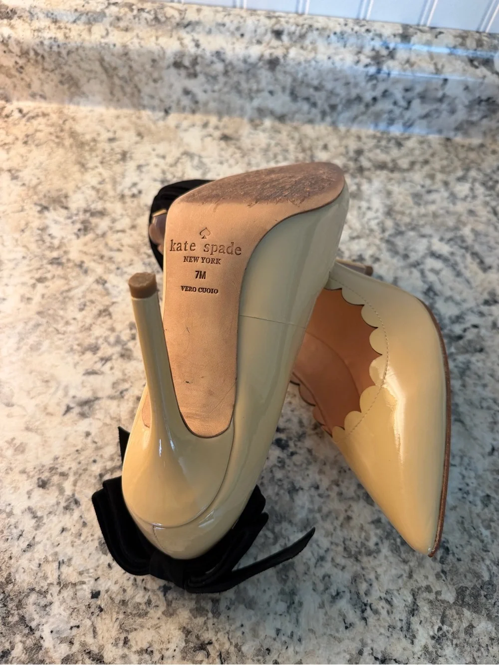 kate spade ♠️ Maxine Nude Scalloped Patent Pointed-Toe Stiletto Heels Black Bow